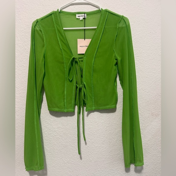 superdown Tess Tie Front Top in Kelly Green Sheer Top size S - Picture 2 of 9